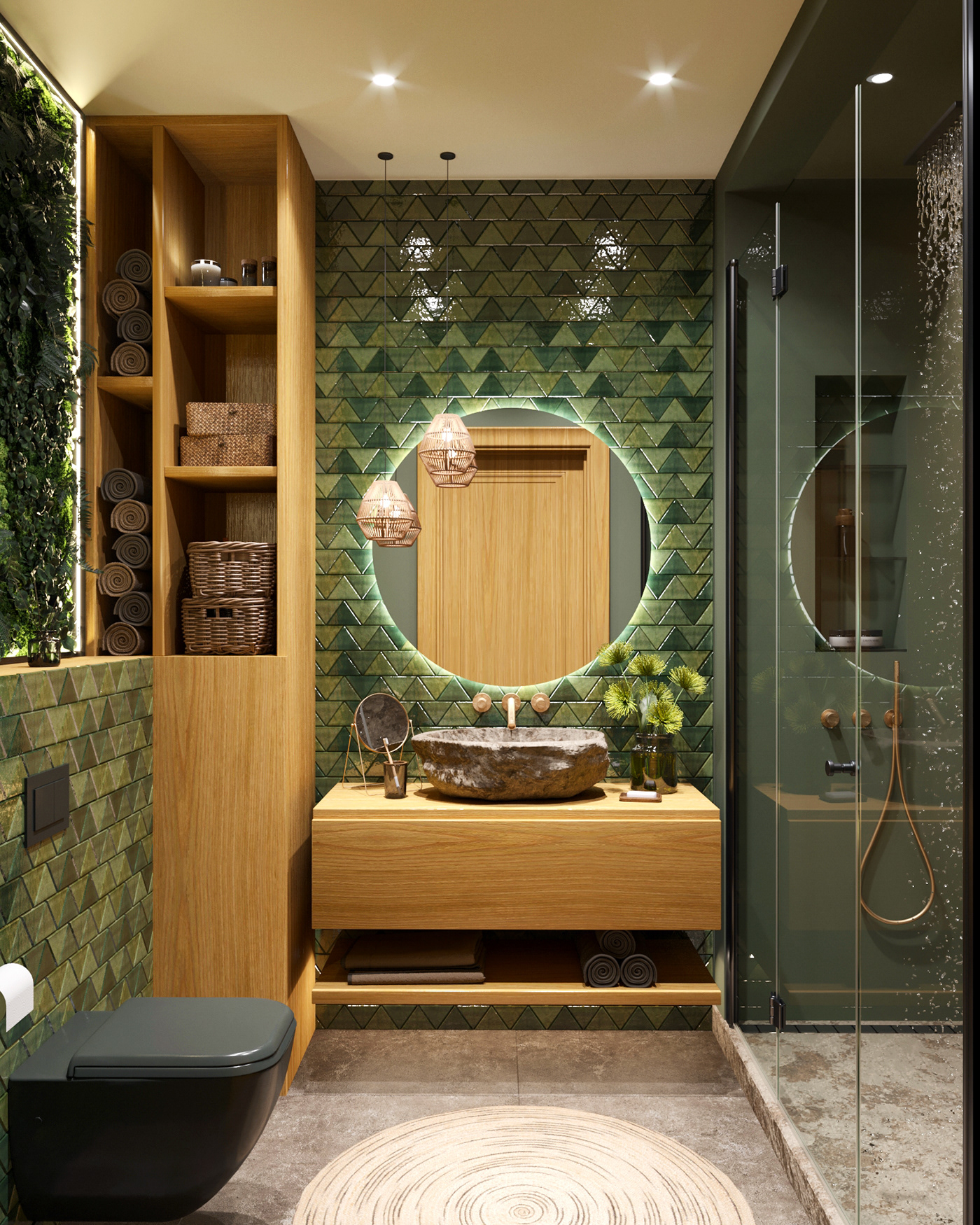 bathroom design boho interior design eco design green interior interior design  tropical shower vertical garden