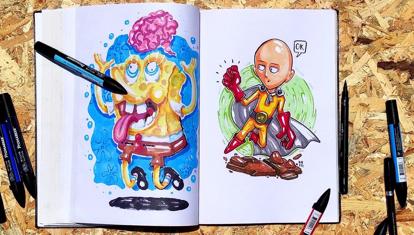 cartoon colorful Fan Art flipthrough markerdrawings one punch man shirt design sketchbook spongebob tattoo design
