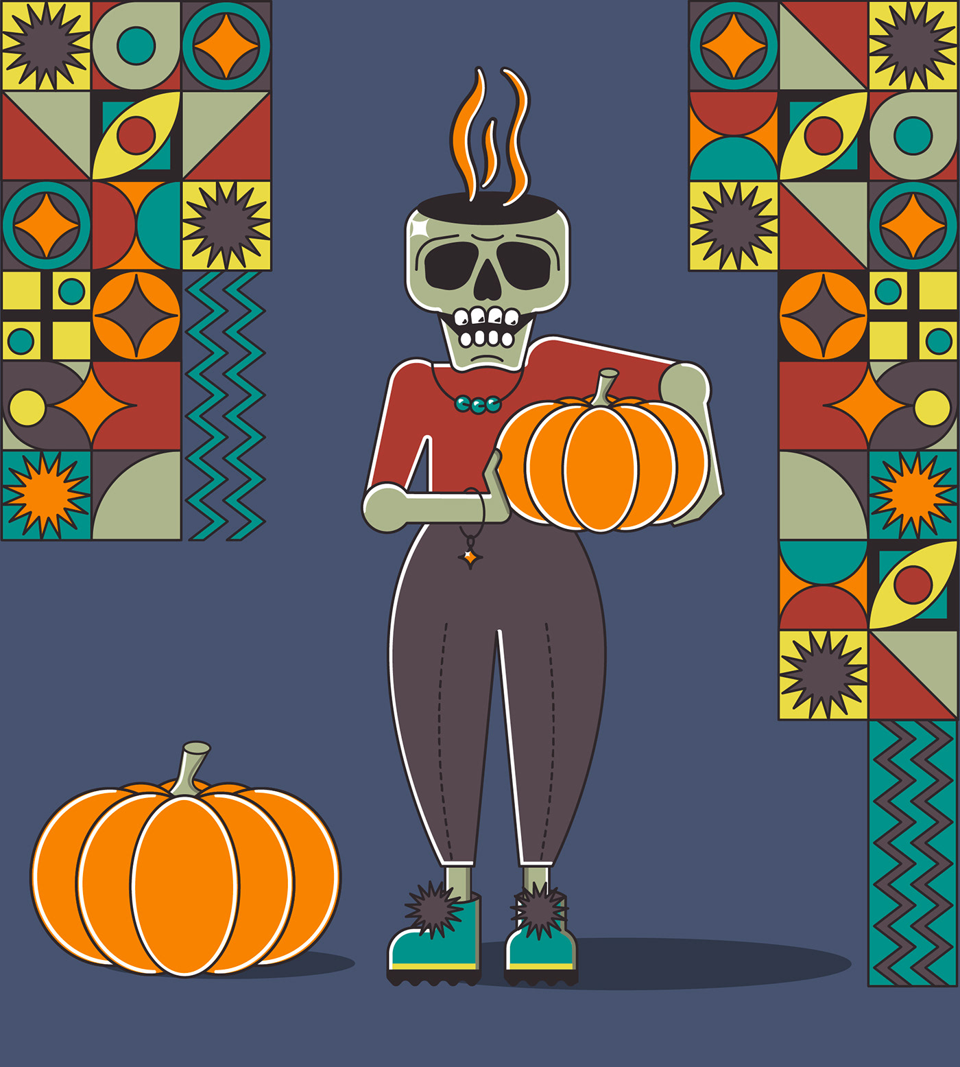 ILLUSTRATION  Coffee pumpkin Halloween skeleton skull pattern graphic design  personaje Character design 