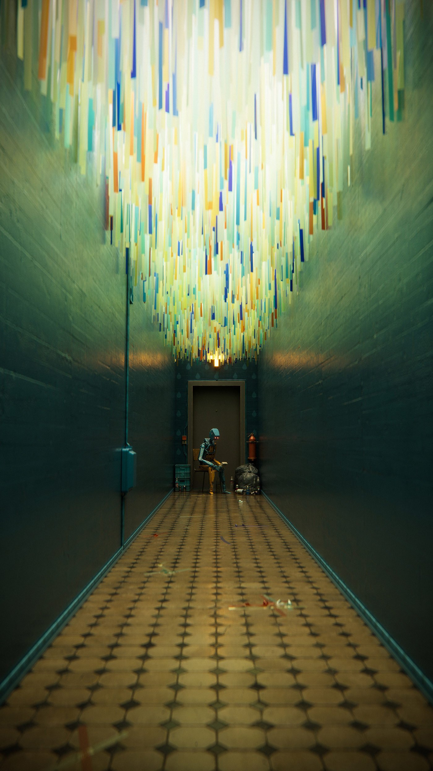 3D CGI Digital Art  dirt float hallway light pipes plus water