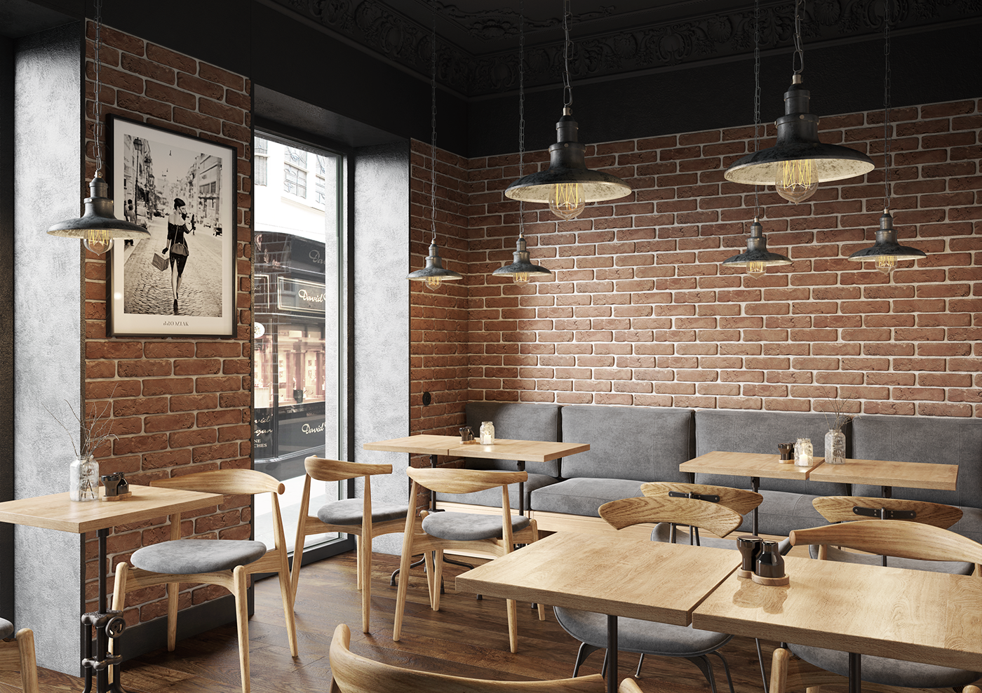 brick interior design  vray 3ds max photorealistic render rendering 3D Chair Table industrial interior Scandinavian