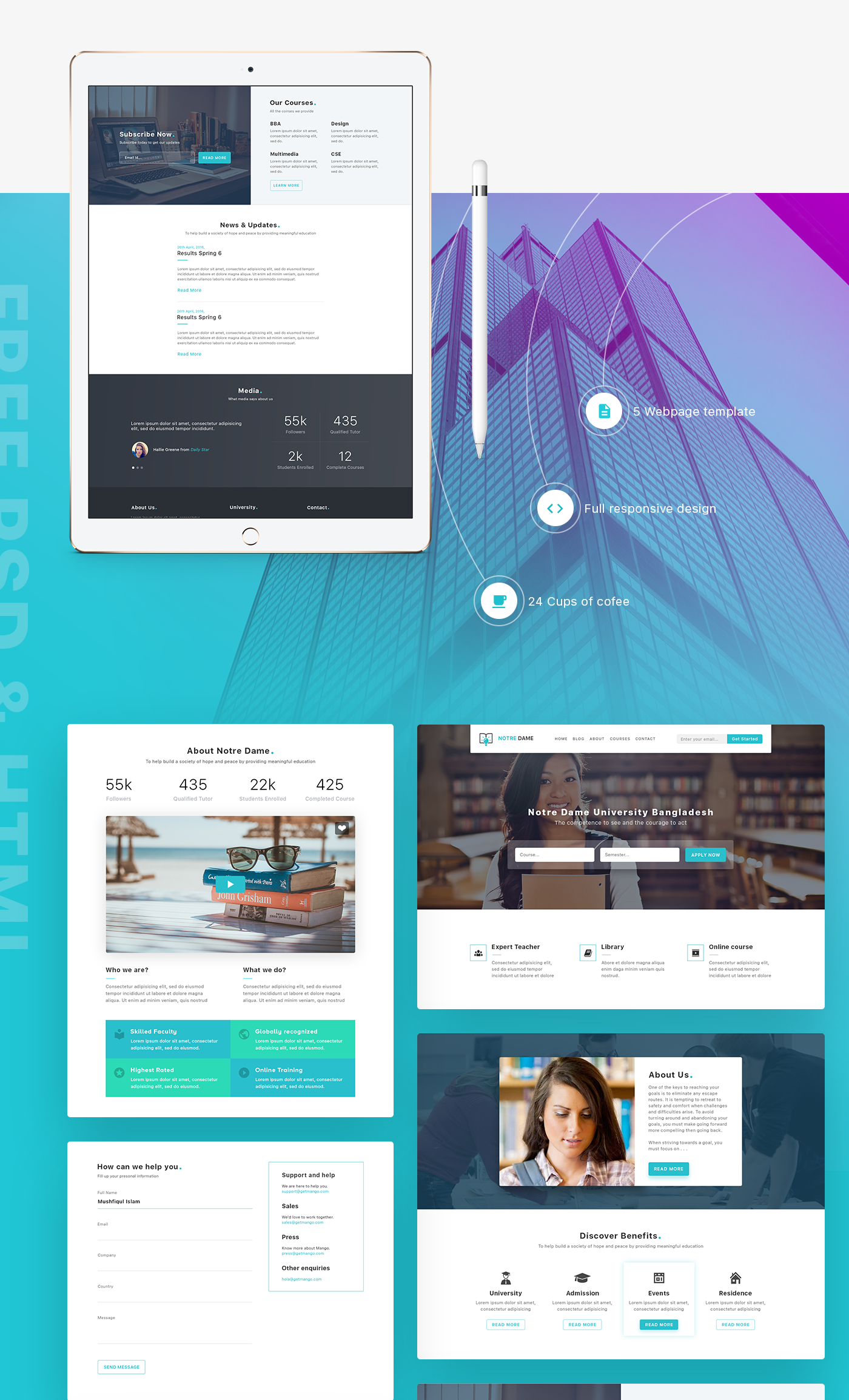 UI ux HTML psd freebie Education institute student courses homepage