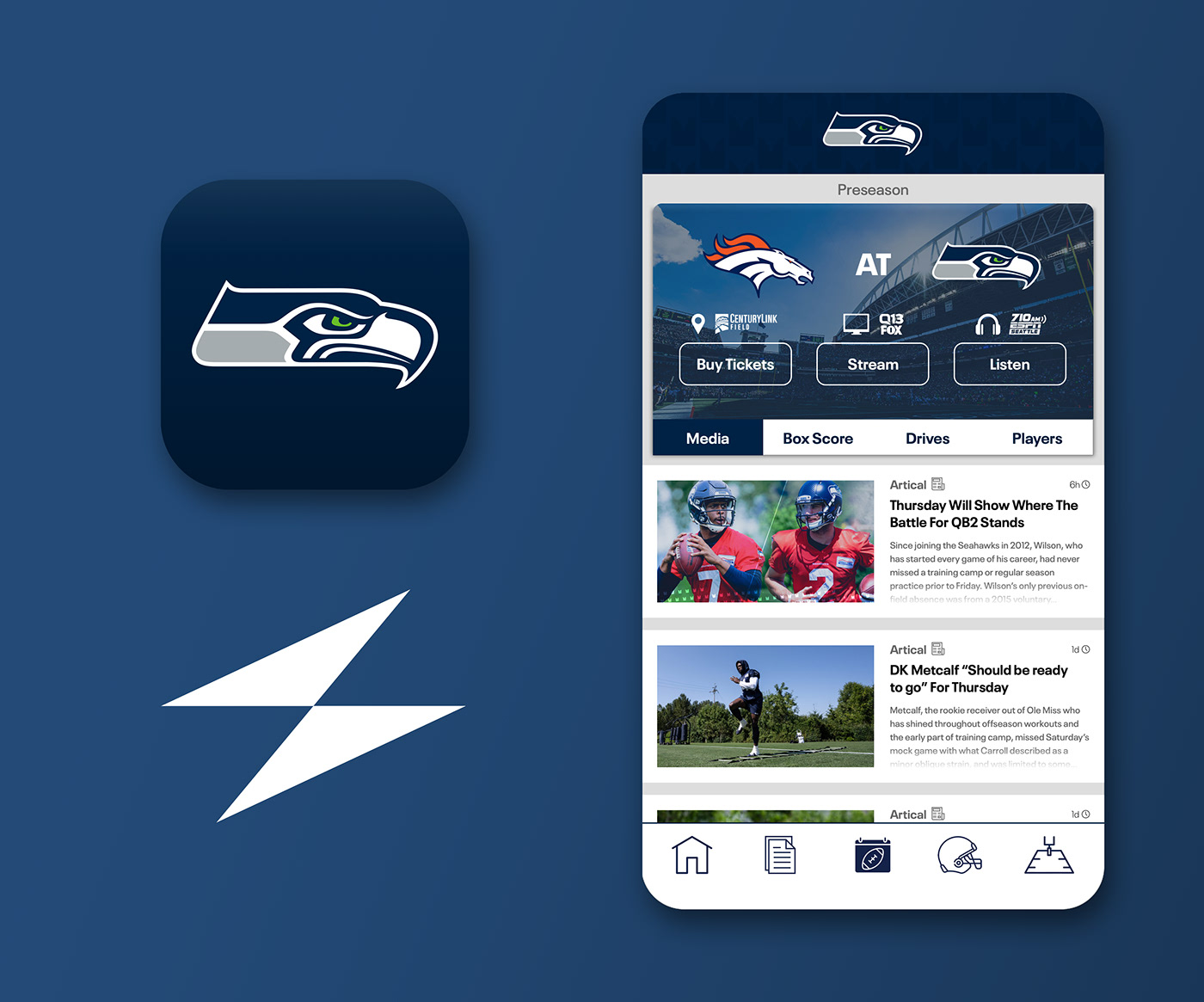 Seattle Seahawks user interface user experience Sullivan Wilcox graphic design  refresh app design SCAD