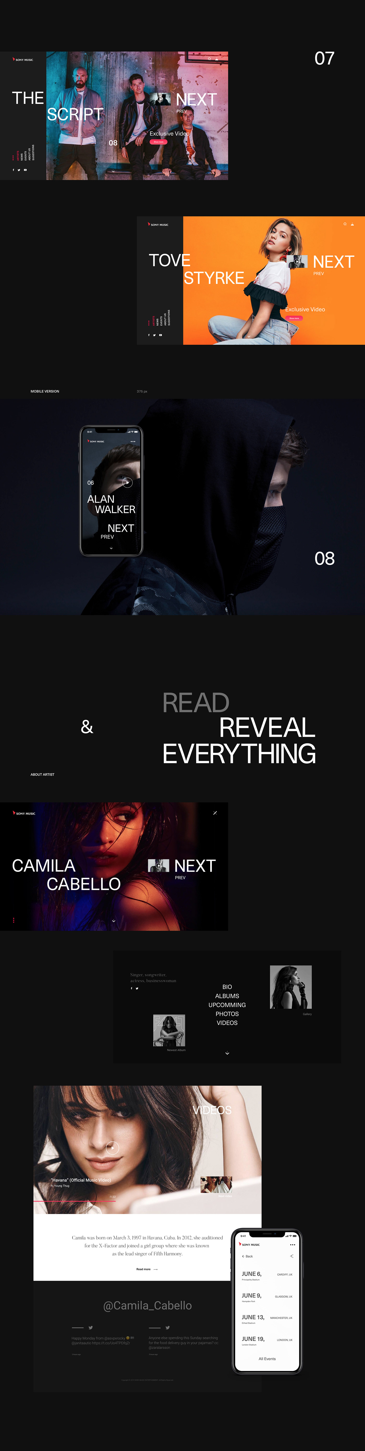 Website minimal Sony music typography   flat promo black mobile motion