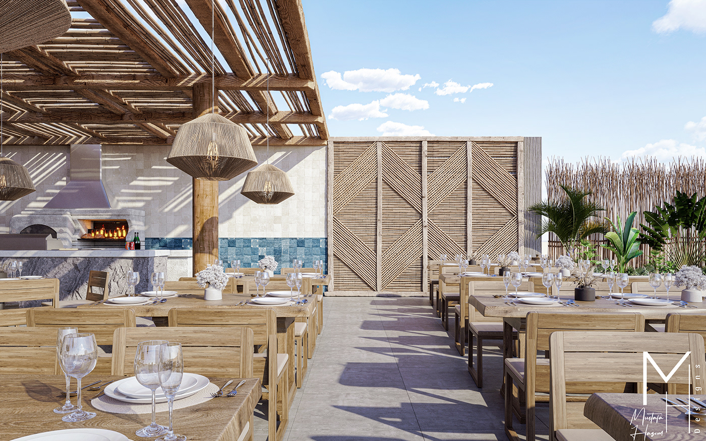 beach restaurant Interior design boho nordic Nature interior design  visualization exterior