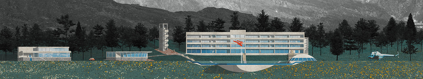 collage Soviet architecture poster amphitheater scheme hotel modernism camp mountain