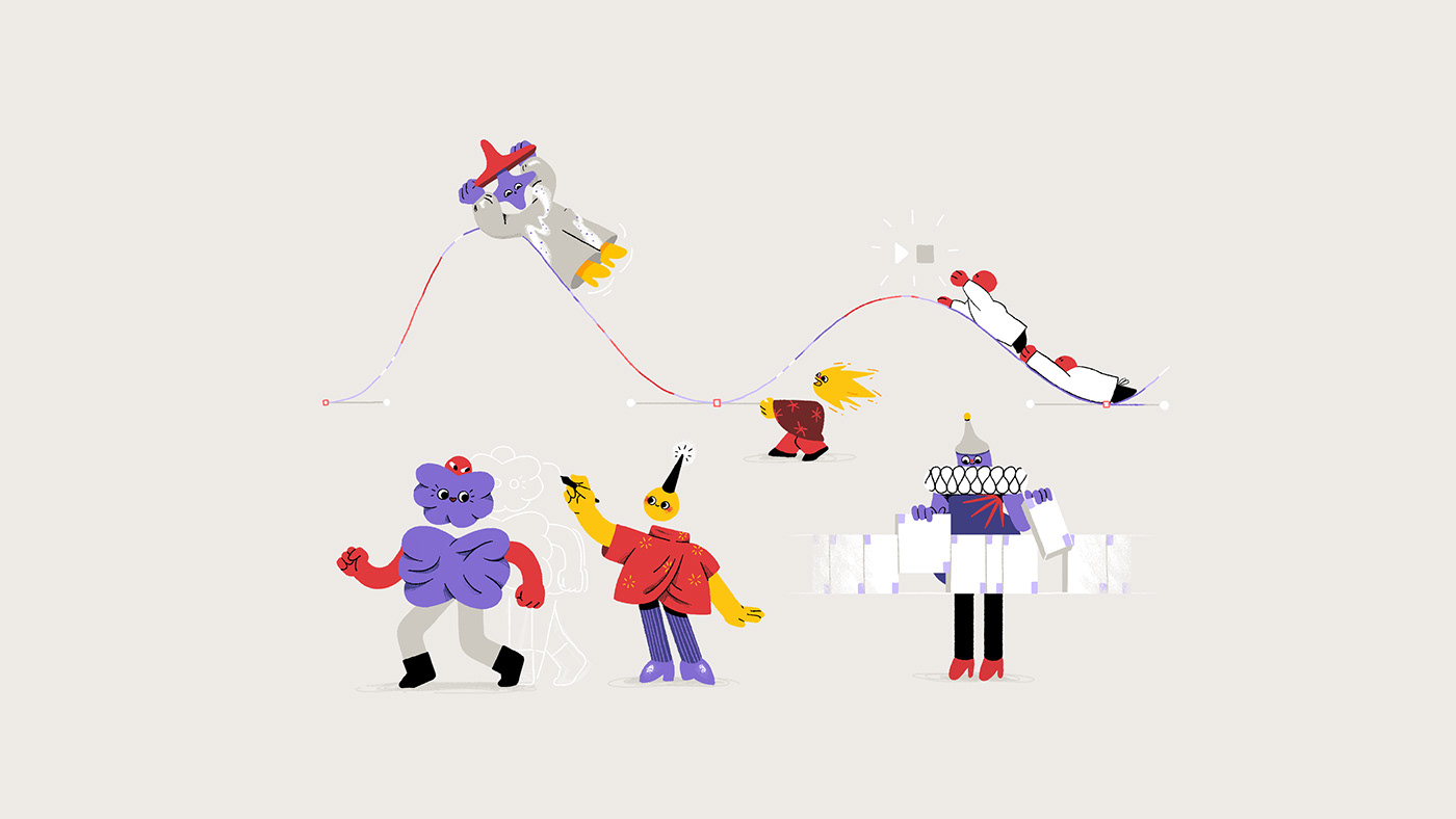 branding illustration for animation studio, magical characters playing with animation tools