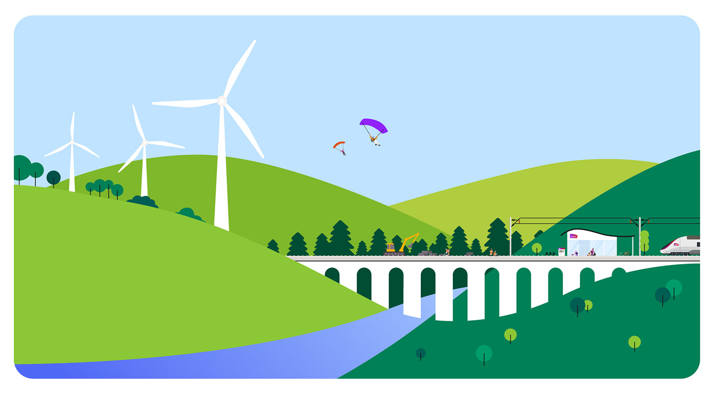 A trainstation surrounded by cliffs, river and trees. 2 parachutes in the sky. Wind turbines