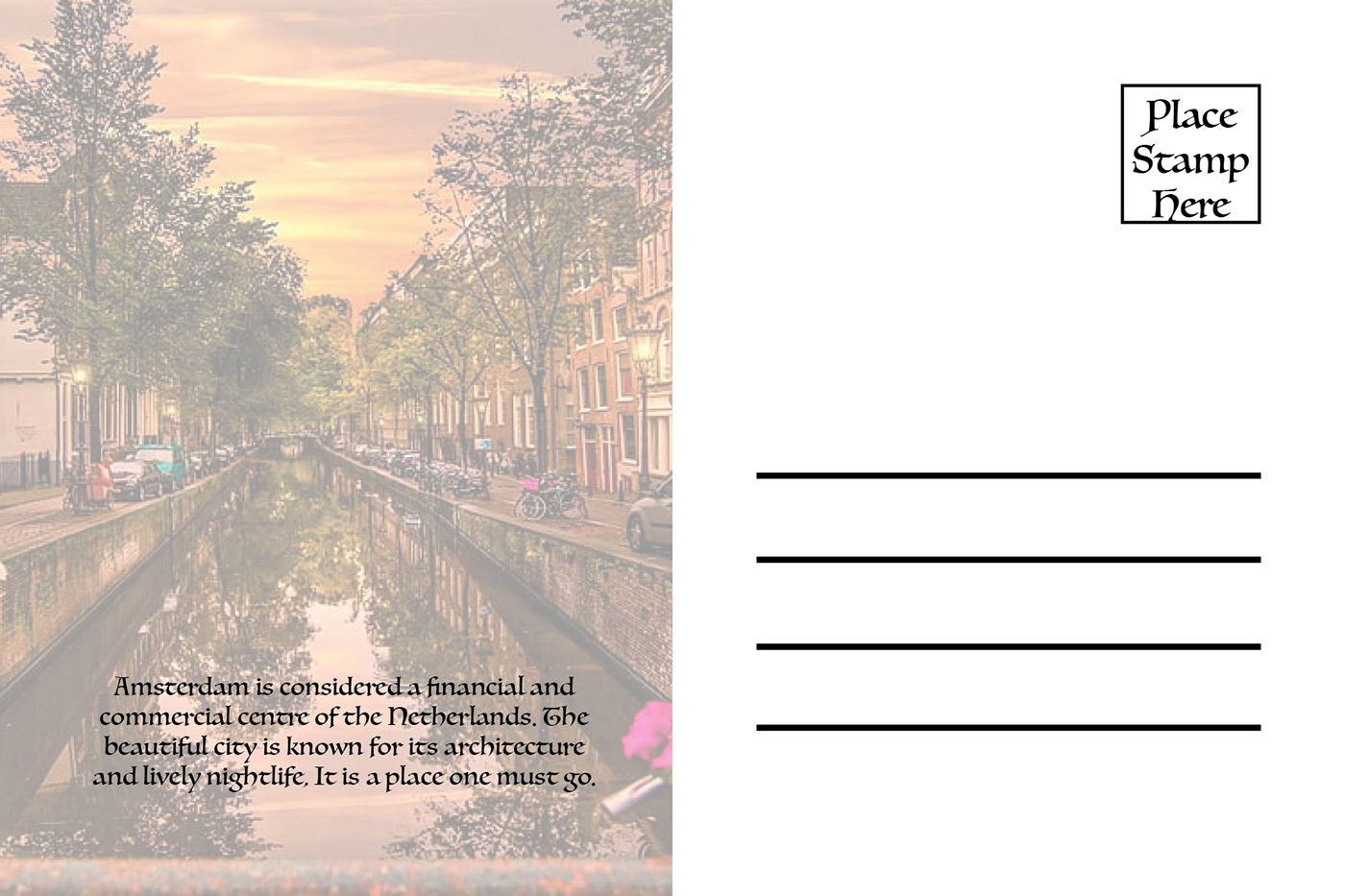 amsterdam buildings city InDesign Landscape opacity post card postcard river sunset