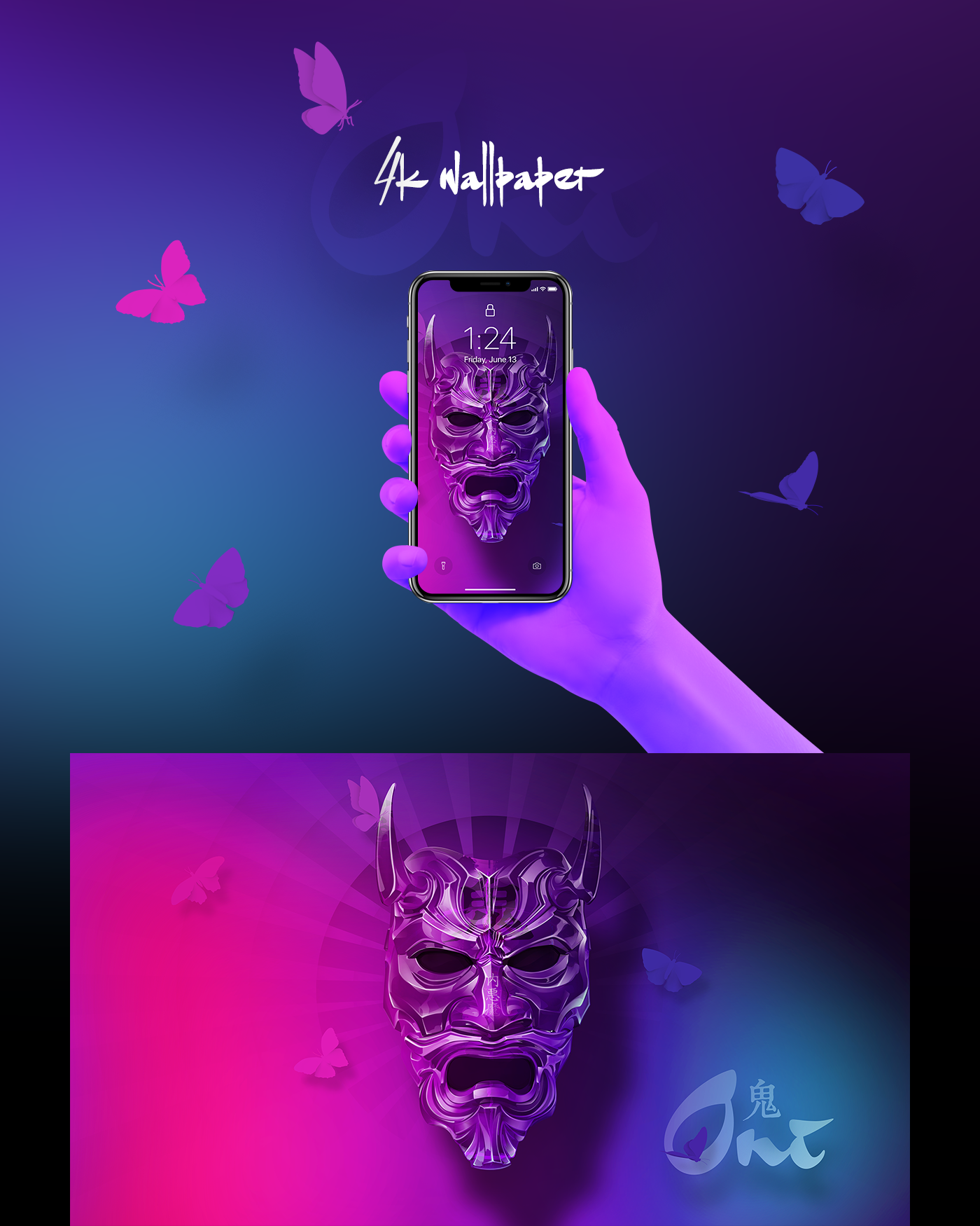 oni demon lights butterfly colors bright lights photoshop wallpaper freebie 4K