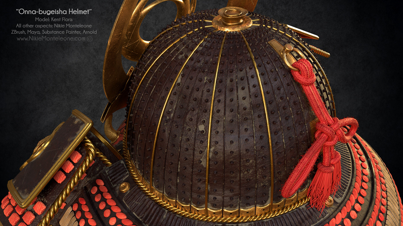 3d render animation  CG gold Helmet leather samurai Substance Painter tutorial