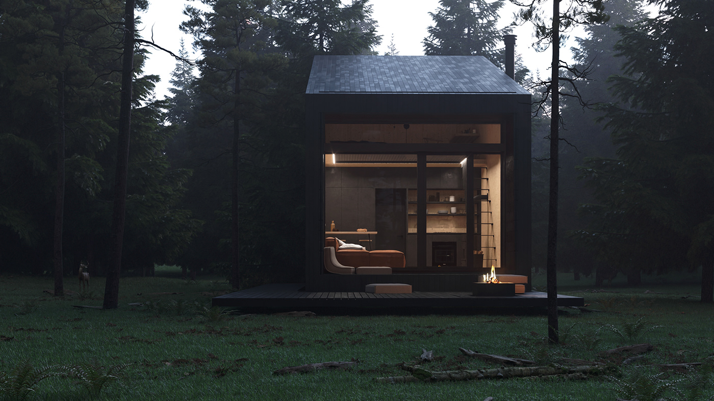 architecture cabin forest Render visualization woods fog High End Isolated Nature