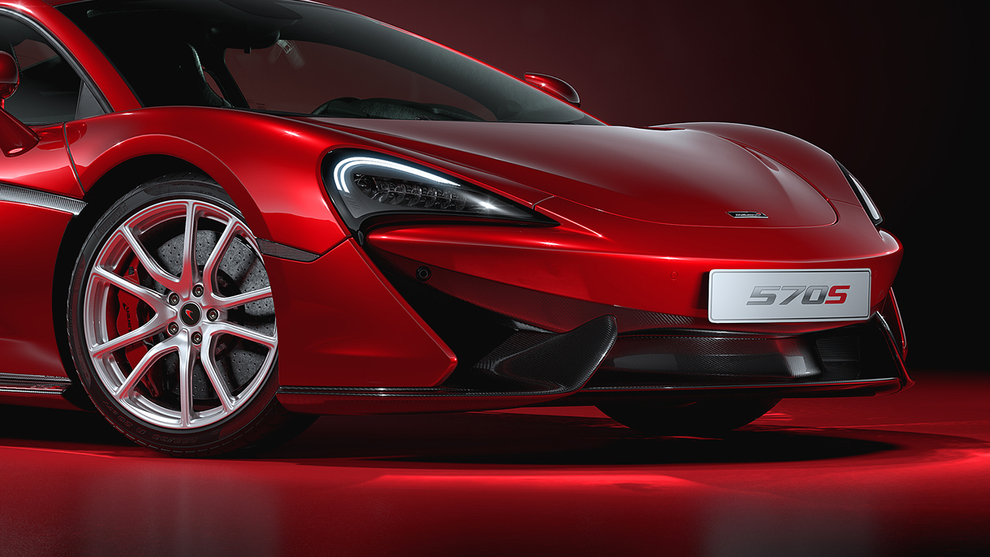 McLaren 570S red studio CGI caustics glossy cinema 4d rendering car