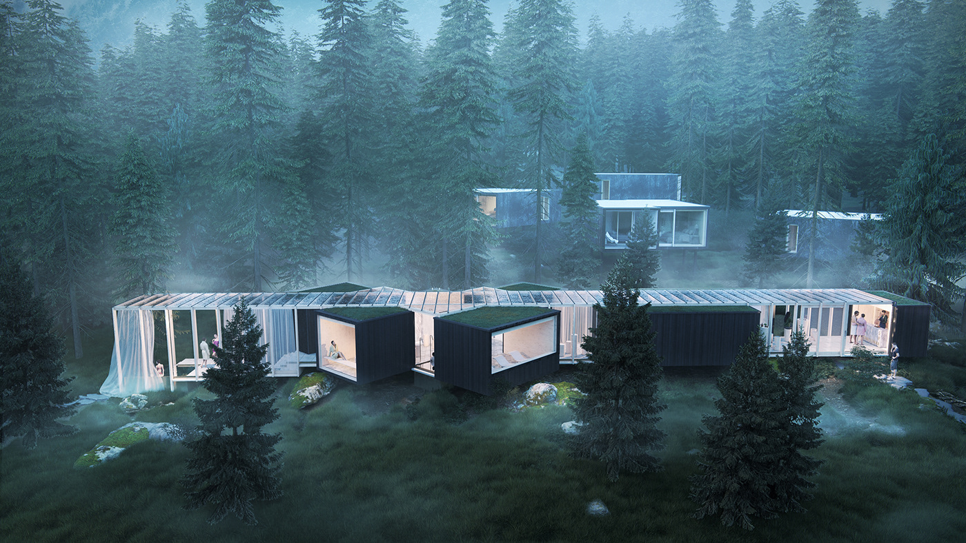 CGI archviz rendering visualization exterior visualization Wellness shelter cabin forest mist