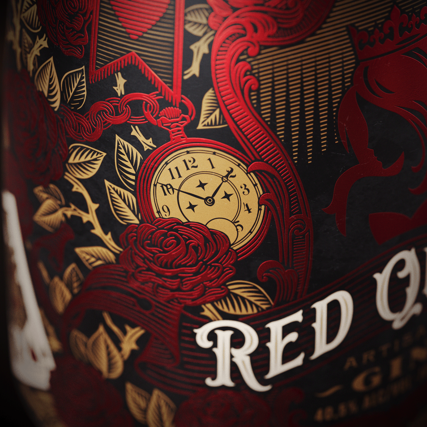 gin Label design Packaging ILLUSTRATION  queen rose alice in wonderland bottle Rum