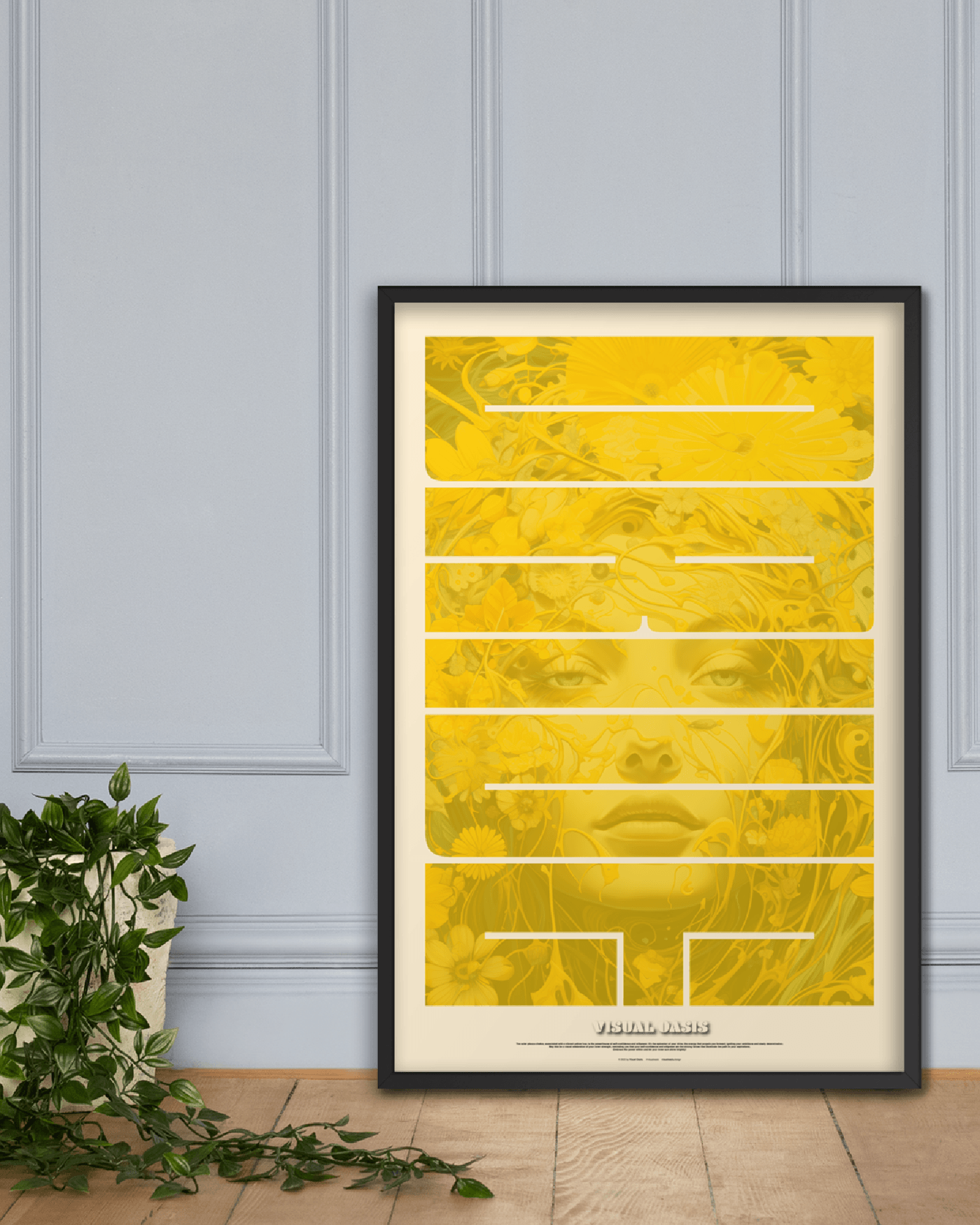 framed yellow poster art, flower pot, trippy, chakra