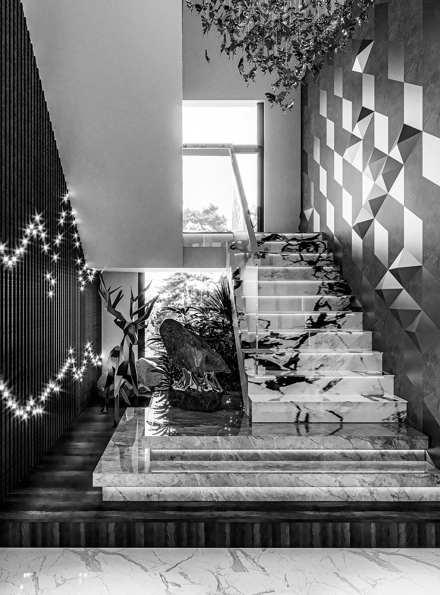 Image may contain: black and white, stairs and indoor