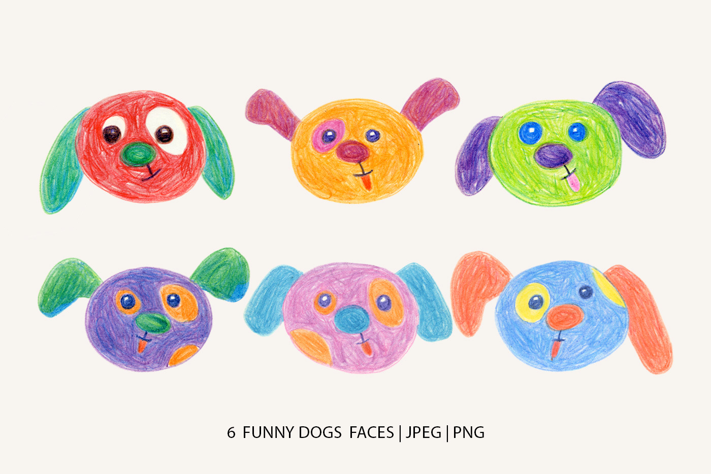 bright muzzles of funny dogs drawn with wax crayons