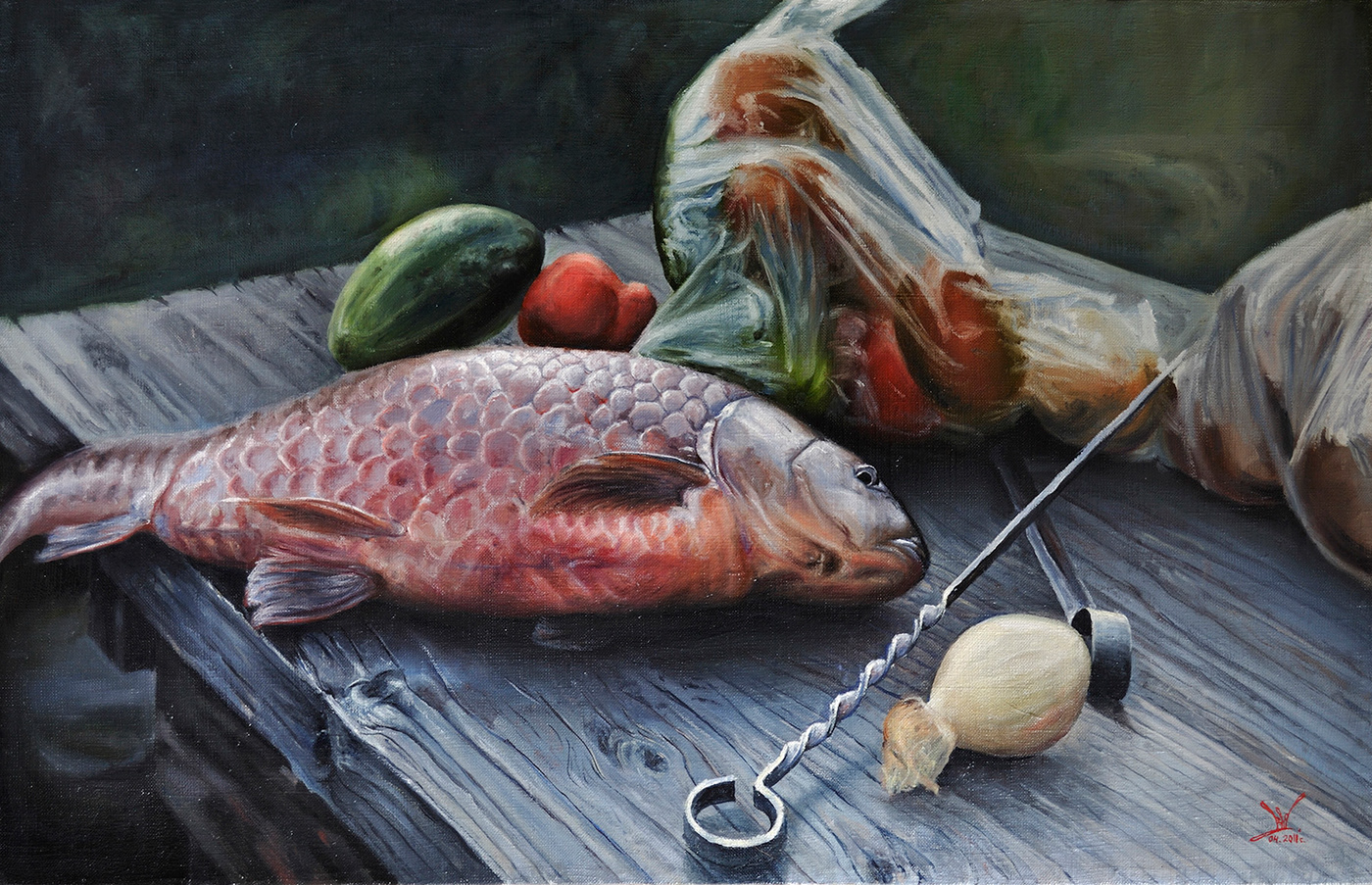 crucian fish oil painting   skewer still life table vegetables