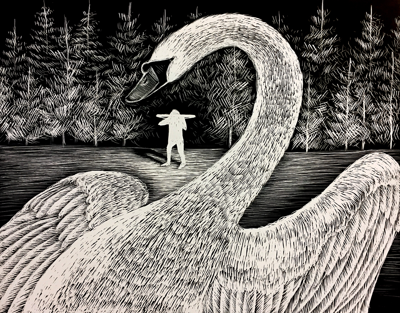 scratchboard black White swan lake fairytale ballet