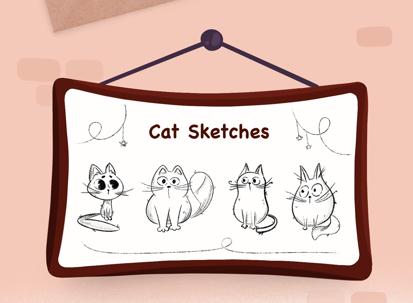 Development of cat character design. four sketches of a cat on a white background.

