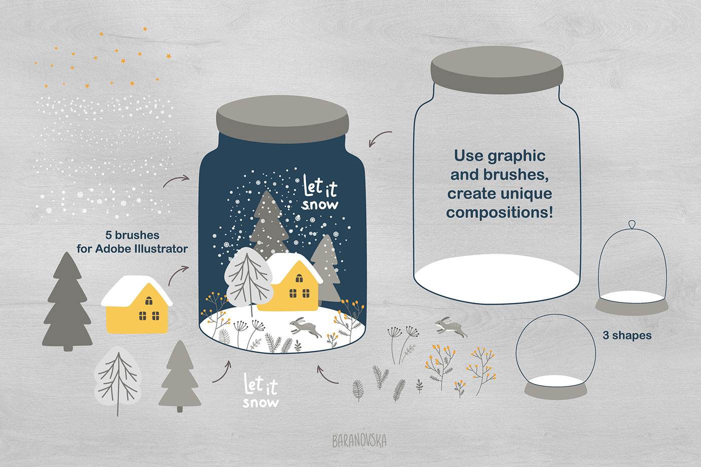 Winter Forest is a vector collection of graphic elements and seamless patterns for your designs