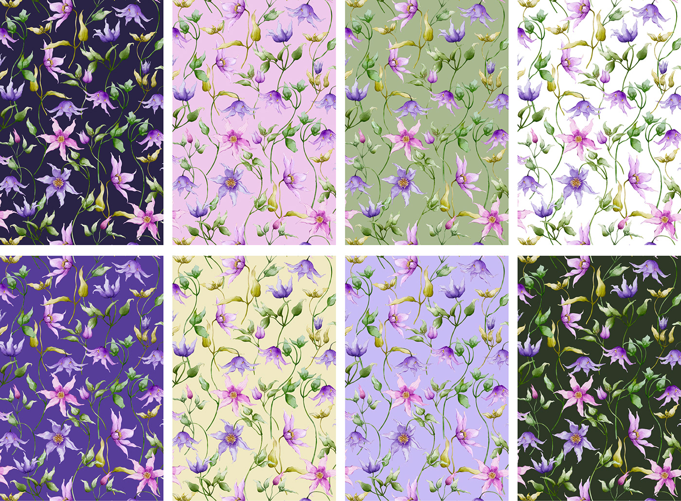 botanical clematis digital watercolor Fashion  flower pattern seamless pattern textile watercolor watercolour