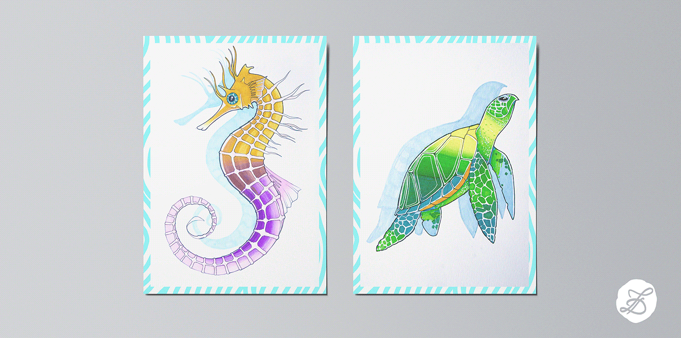 animals ILLUSTRATION  jellyfish KOI FISH postcards sea sea horse TRADITIONAL ART Turtle water
