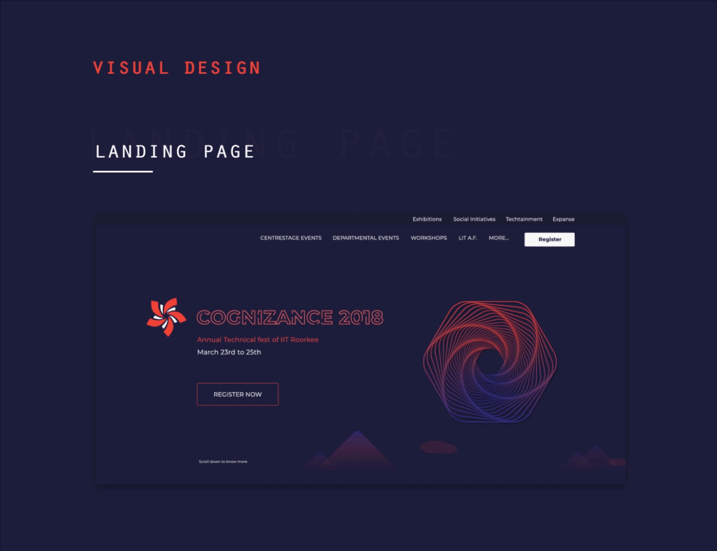 college festival Website design dream discoveries dark UI/UX product hexagon