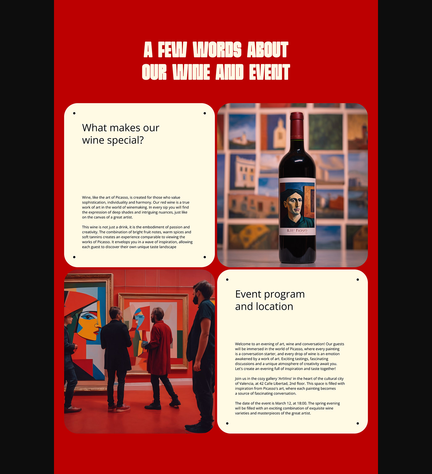 UI/UX Web Design  landing page Event wine art Picasso bottle gallery graphic design 