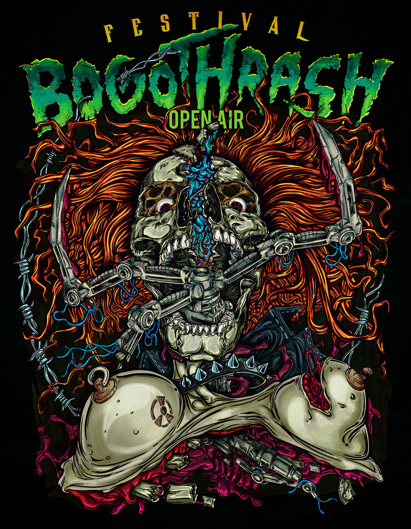 Bogothrash thrash metal fest festival skull bones robot barbed wire hybrid