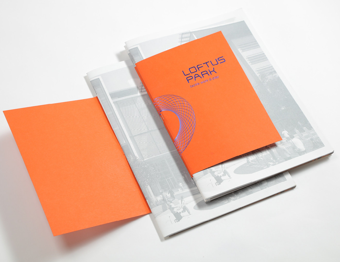 brochure Layout orange Rugby Duotone graphic design  InDesign editorial Loftus Park Precinct branding 