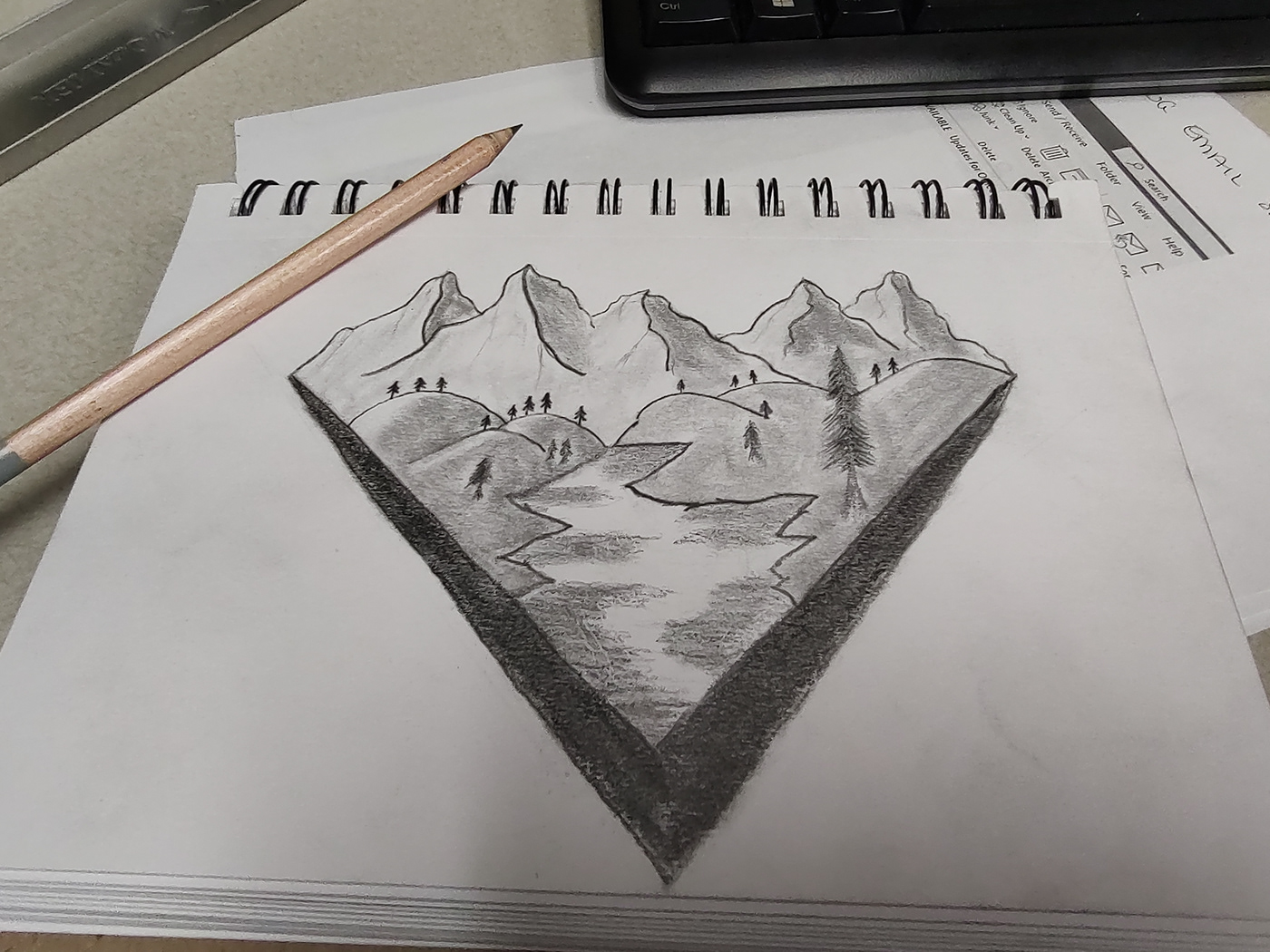 mountains Nature outdoors pencil river simple trees