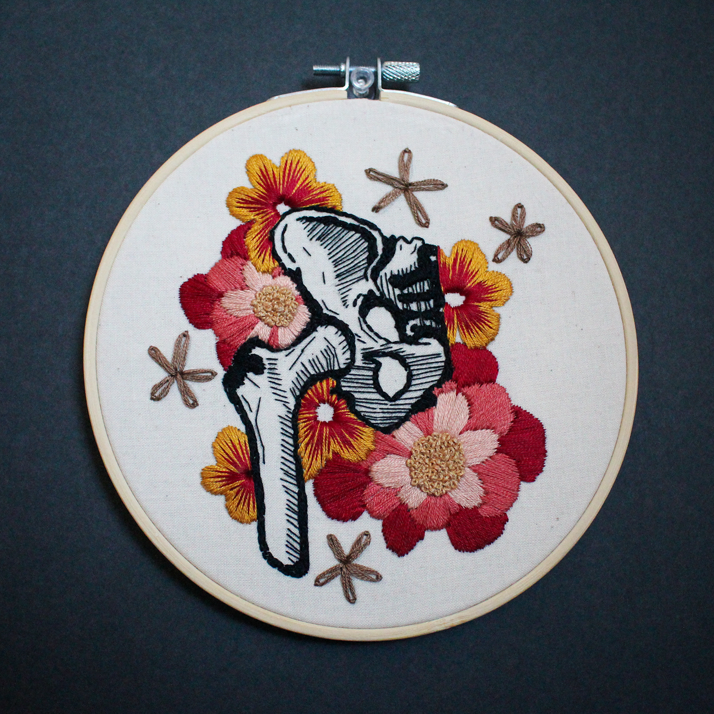 bones Embroidery floral Flowers hand embroidery handmade Hip Joint thread painting