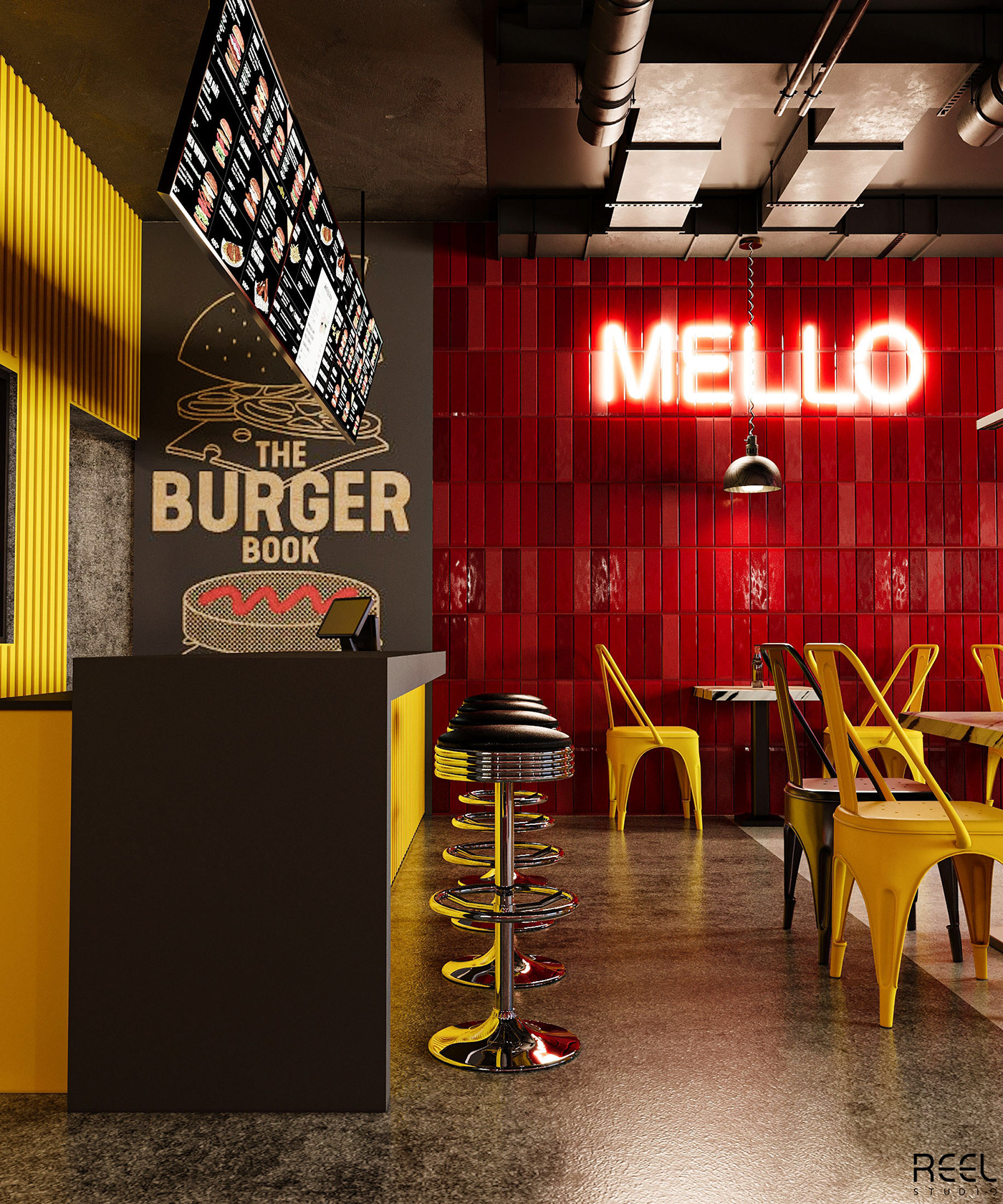 industrial design  cafe resturant Food  yellow industrial 3D visualization industrialcafe red