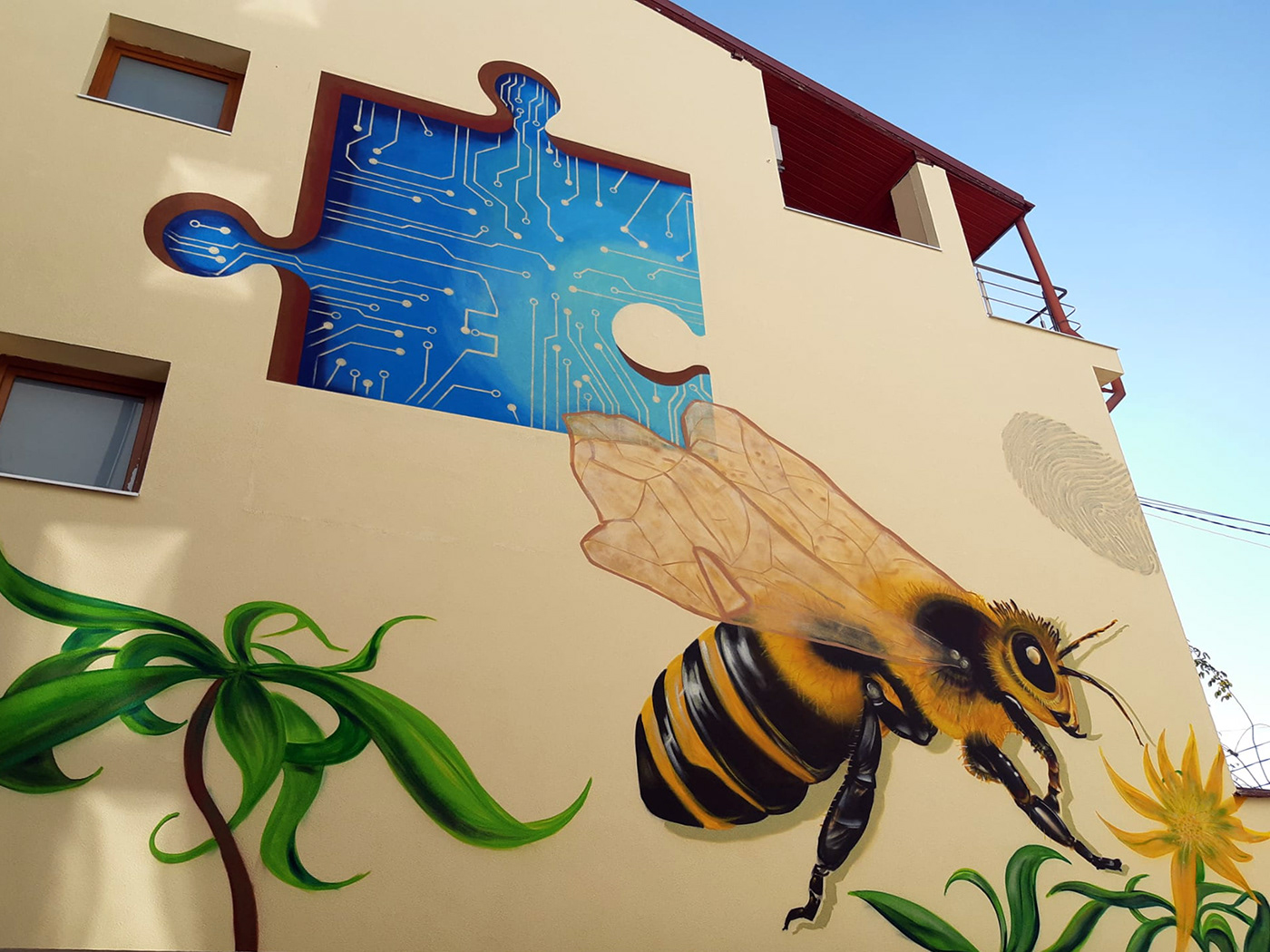 Mural streetart streetartist art puzzle fingerprint design circuit bee wallart