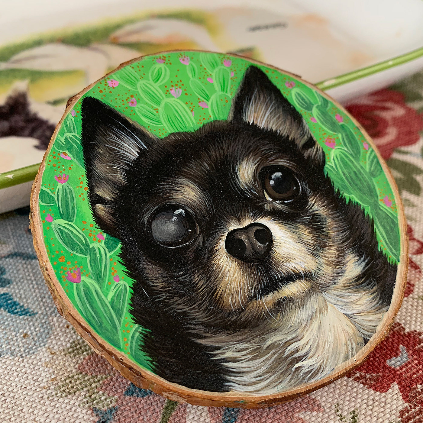acrylic albugo chihuahua dog painting   portrait slice of wood