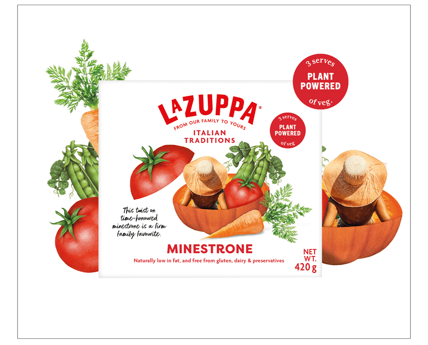 Tomato, pumpkin, and peas illustrations used on packaging for La Zuppa Minestrone soup.