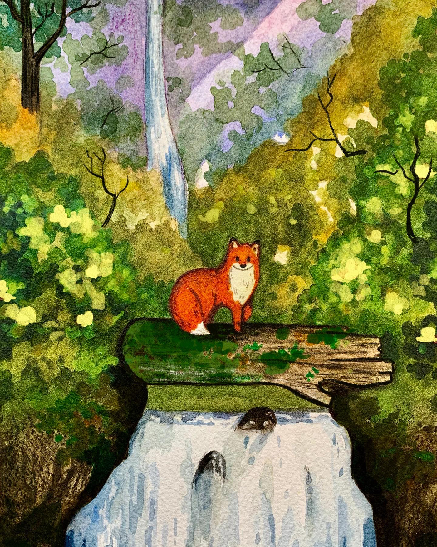 Autumnal childrens illustration Fall forest FOX ILLUSTRATION  Nature watercolor waterfall