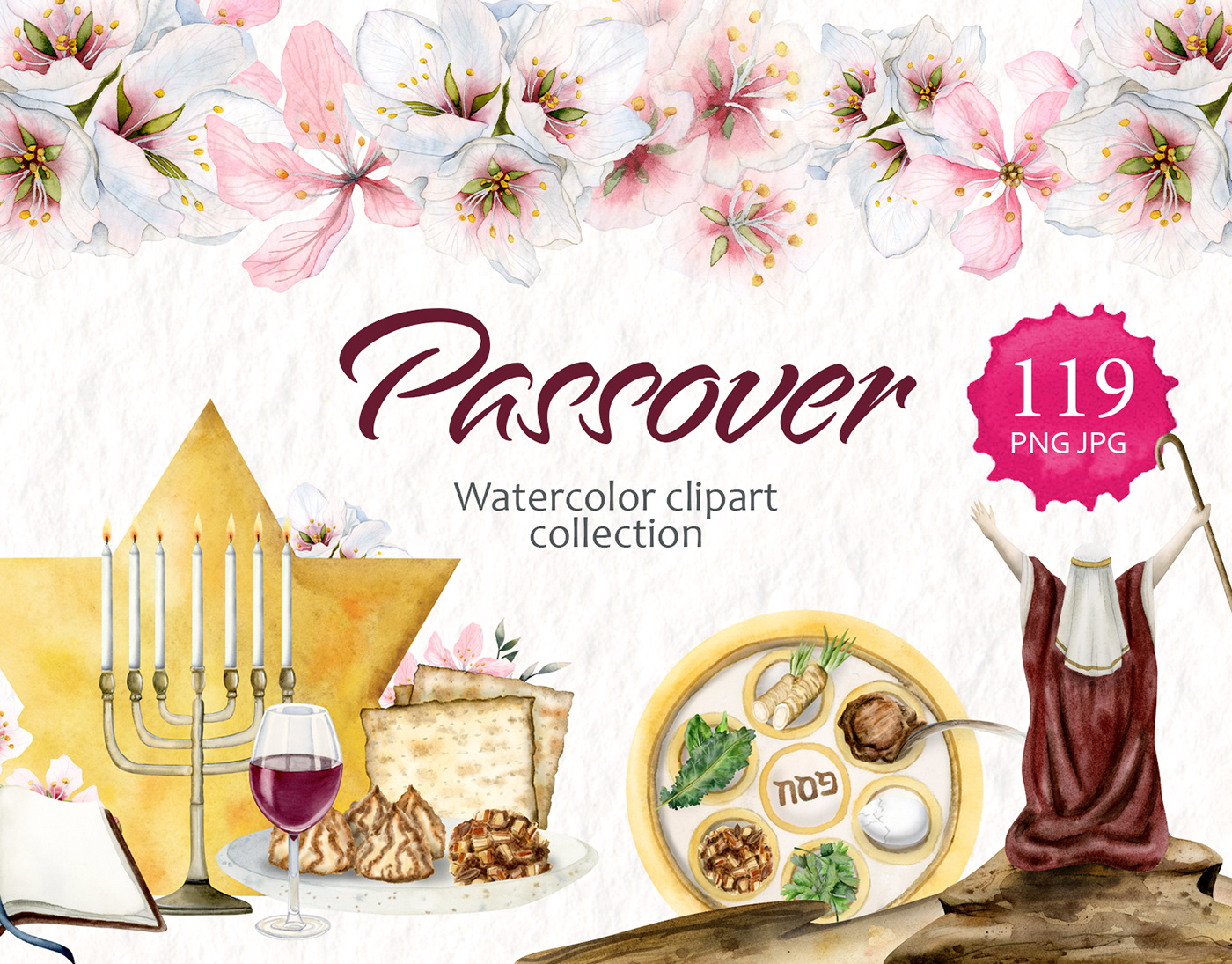 Passover pesach jewish watercolor Holiday ILLUSTRATION  clipart moses haggadah seder