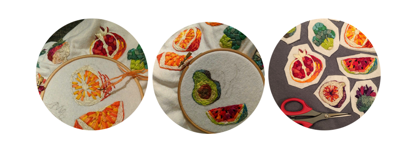 brooch Embroidery embroidered fruits veggies DIY stitches