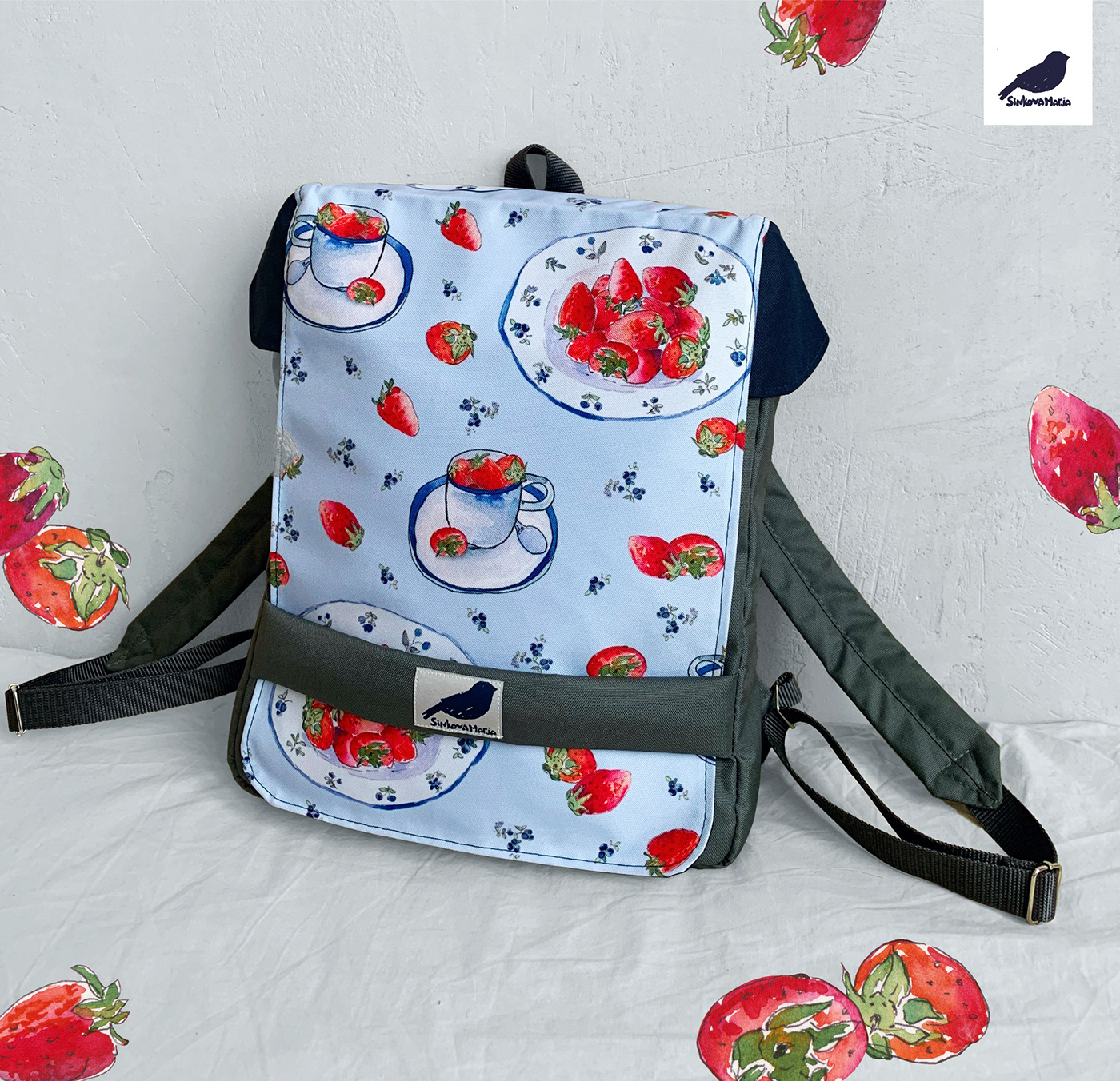 watercolor fabric design seamless pattern textile design  pattern accessories backpack sketch berries strawberry