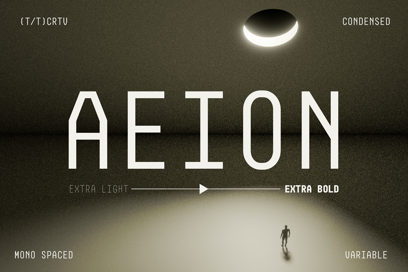 "AEION FONT" in front of a sillouetted man  and a massive brown grey room with radiant light