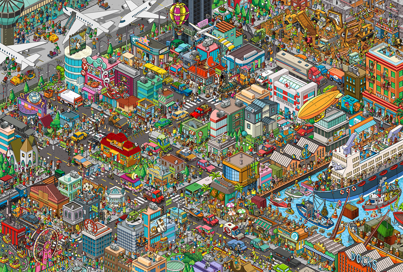 Jobs risks insurance waldo Wally search and find seek and find crowd city busy