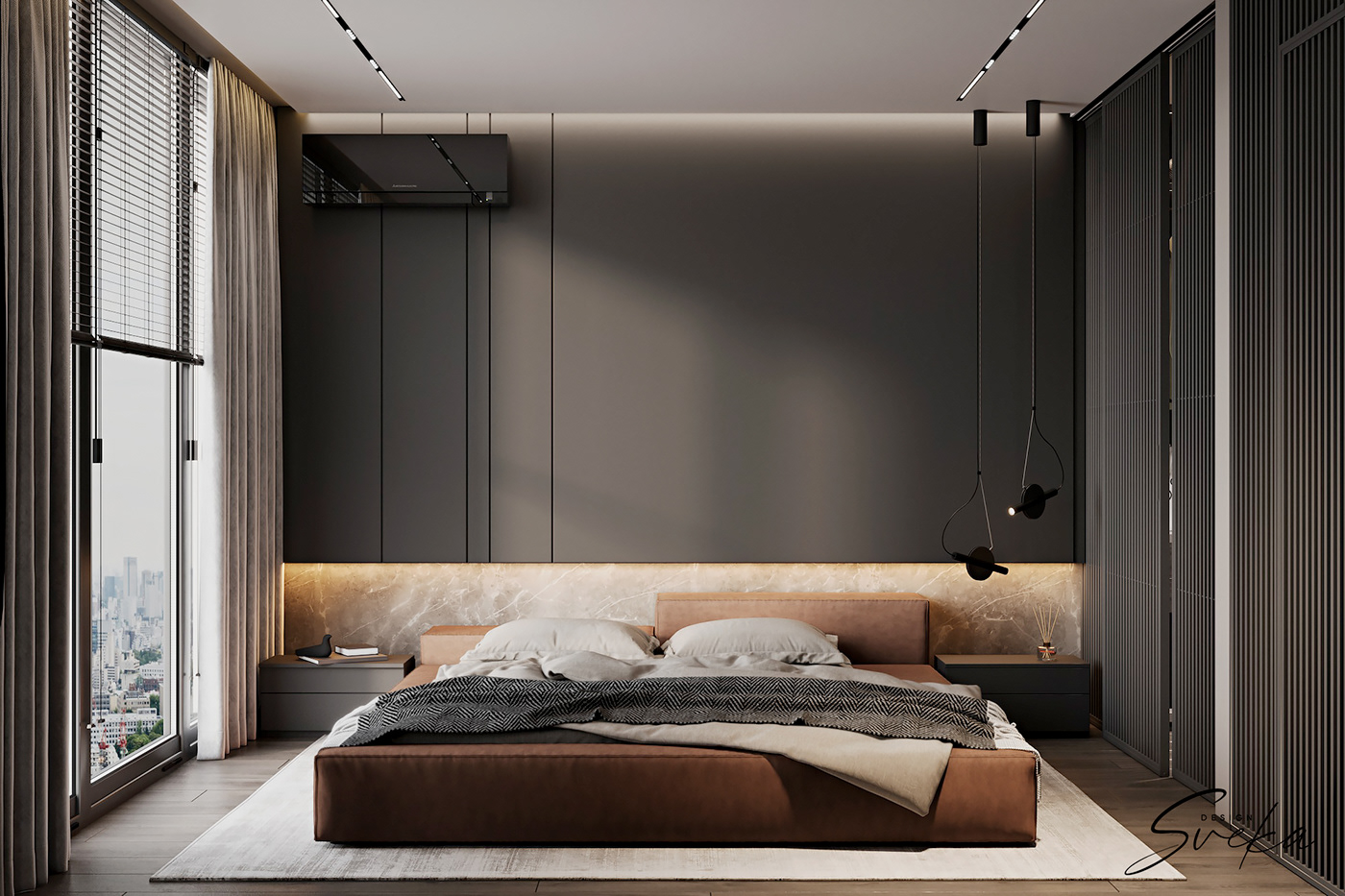 bedroom visualization corona modern interior design  black orange design wardrobe design copper