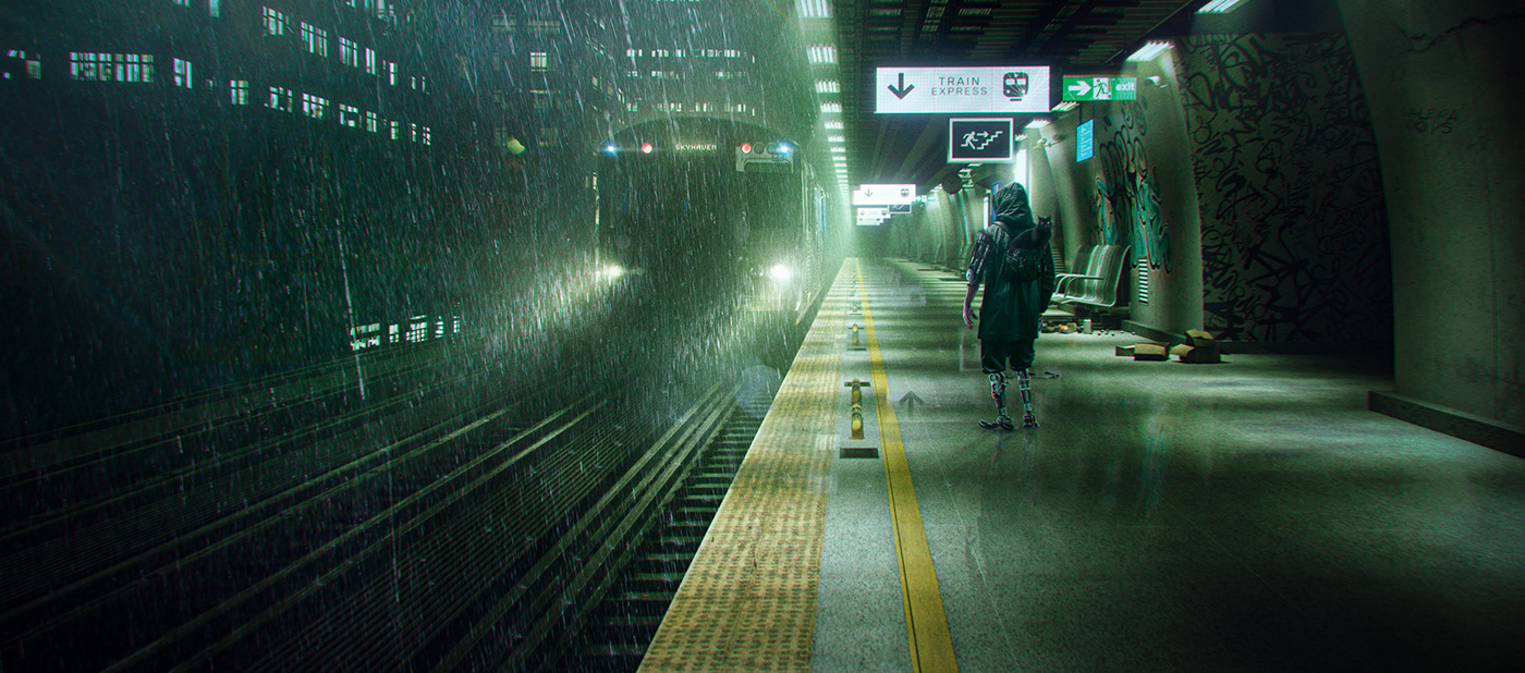 Cyberpunk retouch Post Production Render CGI train rain