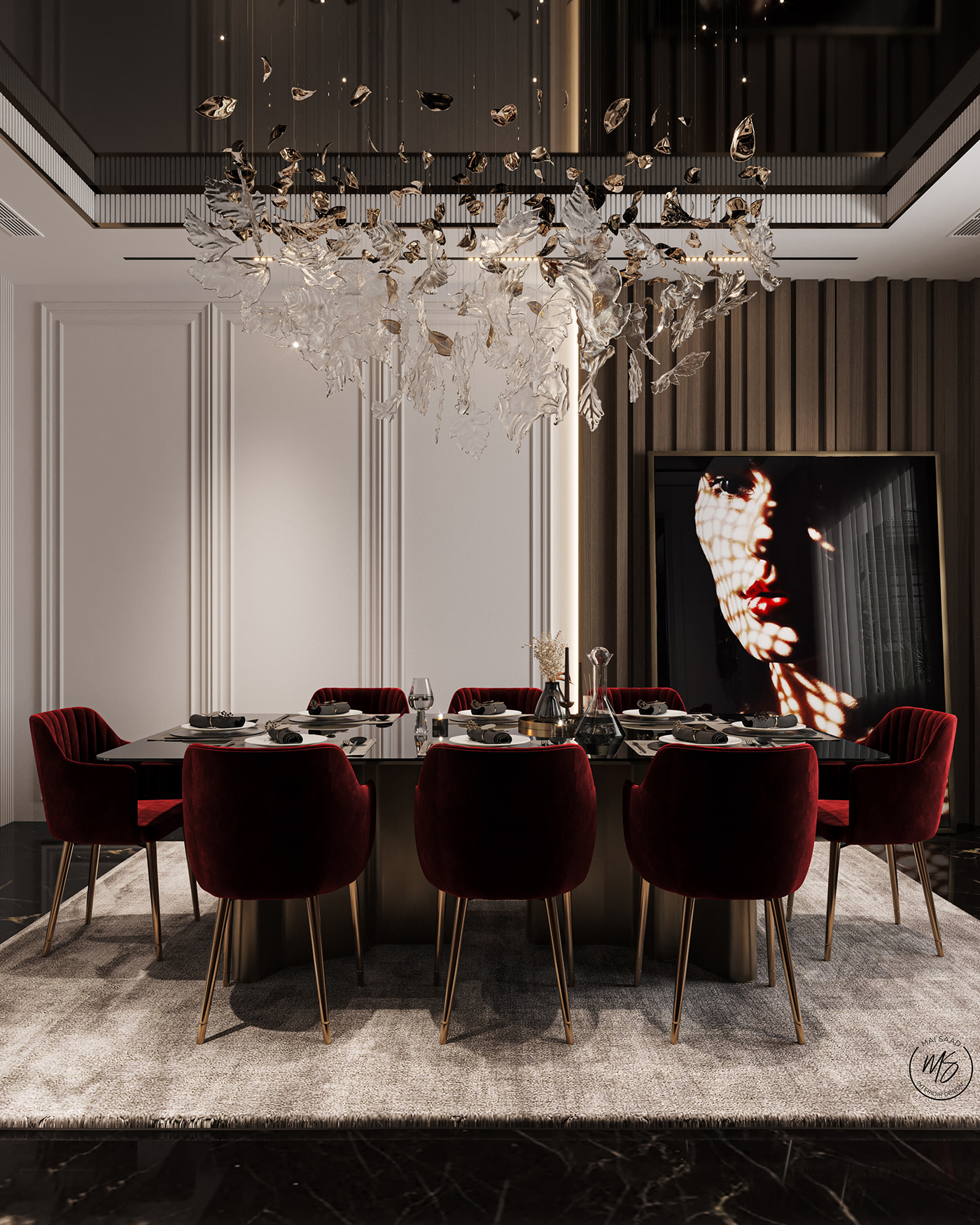 modern luxury reception Render architecture visualization 3D 3dsmax corona design interior design  furniture luxurious Marble black dining Entrance residential stairs rendering house Villa Tree  Plant painting   sculpture pattern Covet covethouse dirt mirror red