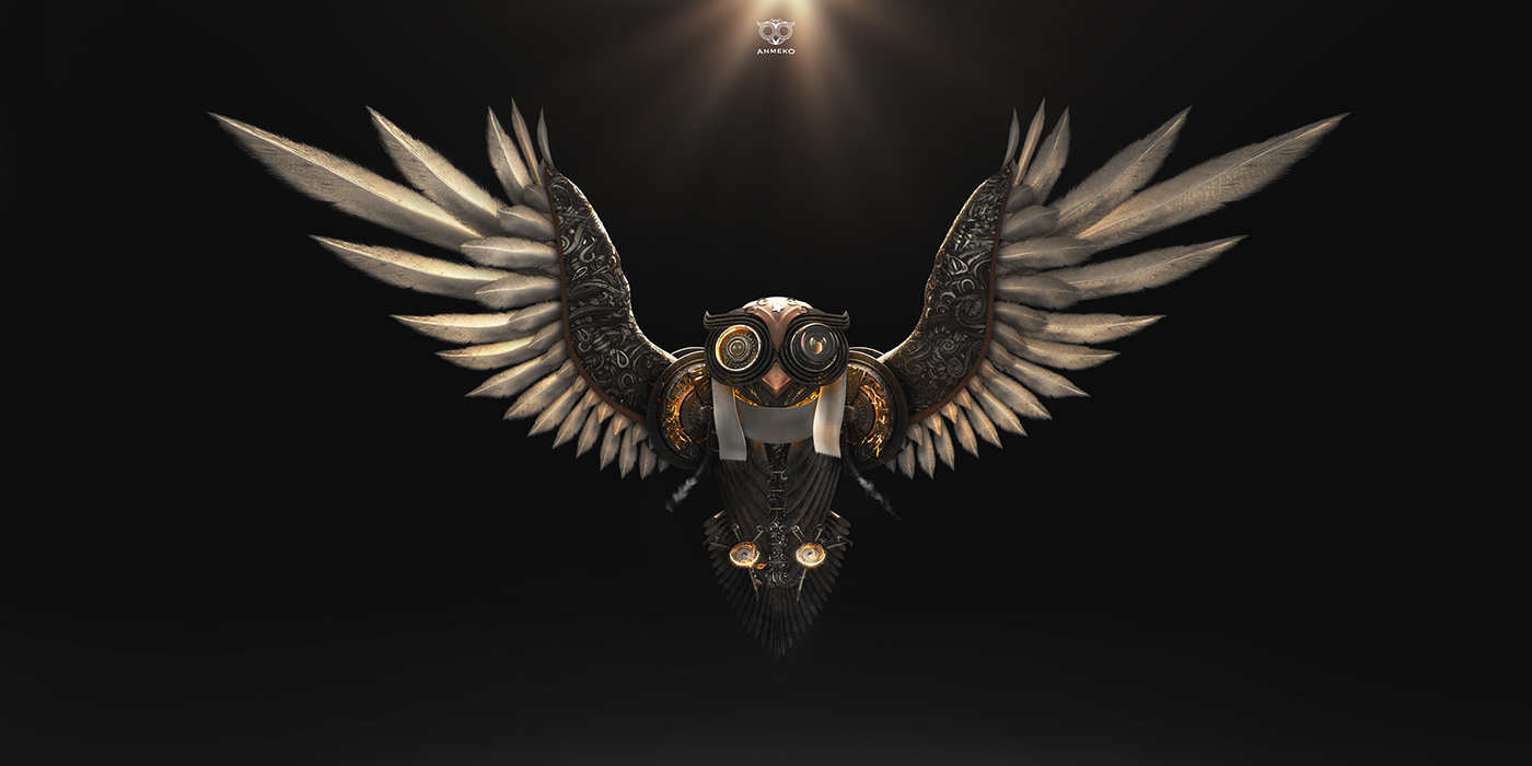 CGI owl STEAMPUNK Metall studio agency Technology logo identity HD creative anmeko Lebrov feather inspiration