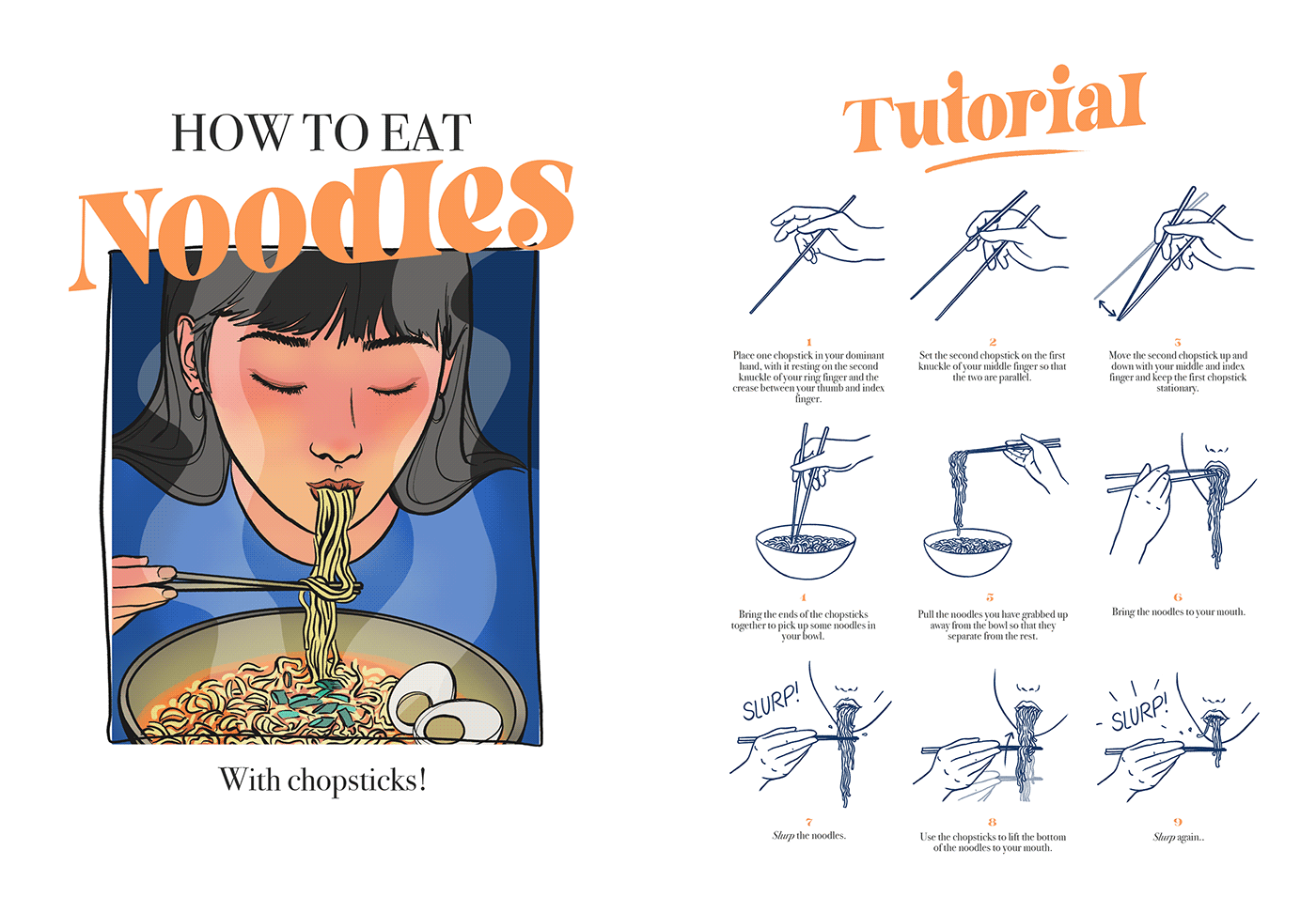 Mock-up of recipe book pages with illustrations on how to eat noodles with chopsticks