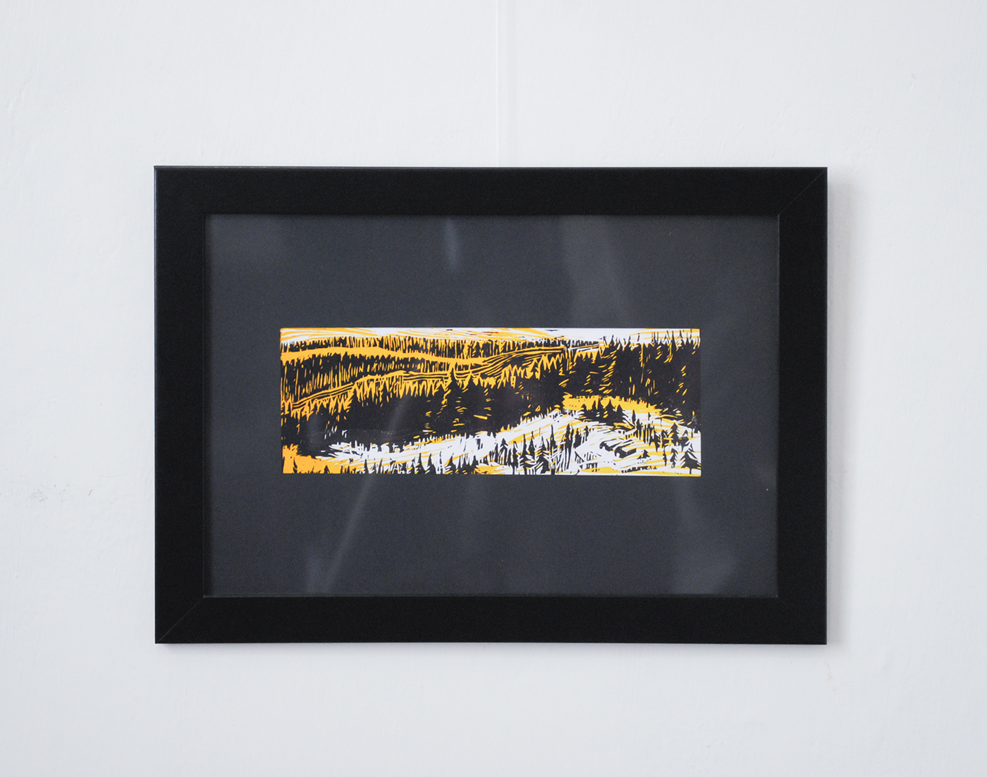 linoleum block print black linocut Landscape northern forest forest art
